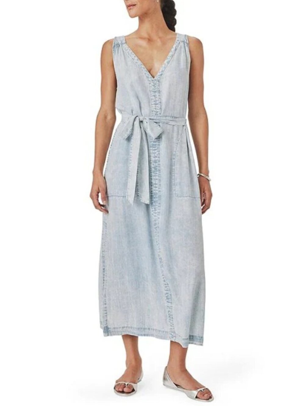 Splendid Landon Bleach Indigo Sleeveless V-Neck Belted Denim Midi Dress L NWT